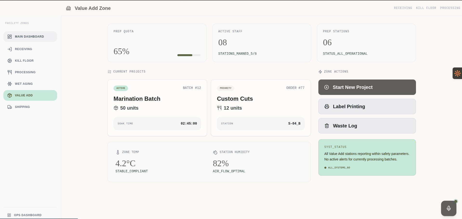 Value Add Zone facility dashboard
